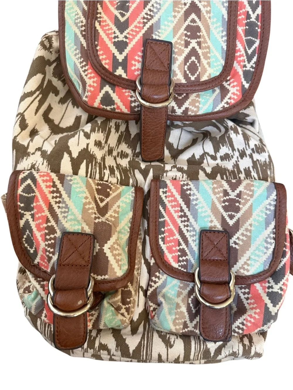 Call It Spring Aztec Canvas Backpack in Brown, Coral & Teal